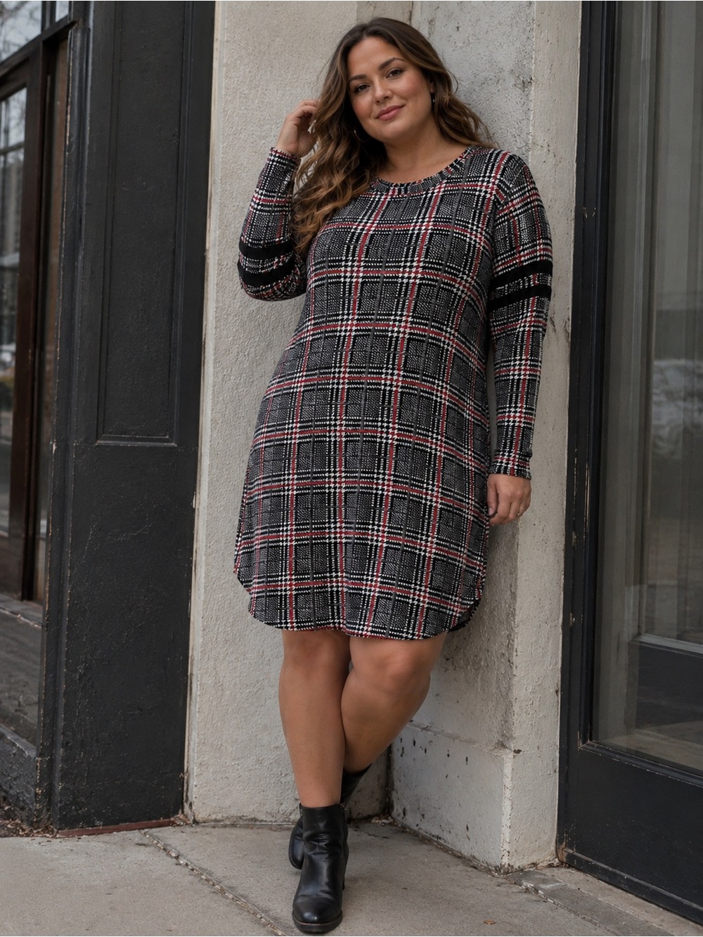 eye candy Plaid Knit Long Sleeve Midi Dress Size XL Business Office Academia